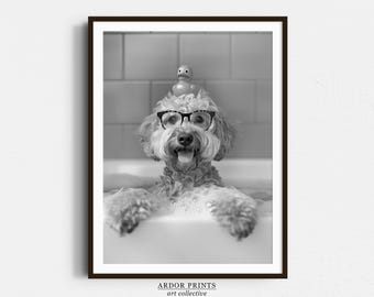 Cockapoo Bath Wall Art: Dog In Bathtub Poster, Funny Dog Art, Bathroom Wall Decor - Black and White Print