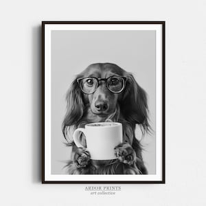 Langhaar Dackel und Kaffee Wandkunst, Schwarz-Weiß-Druck, Kaffeeliebhaber Druck, Lustiger Hund Poster, Kaffee Bar Kunst, Küchen Wanddeko
