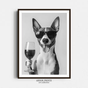 Basenji wijn drinken kunst aan de muur, zwart-wit print, Basenj cadeau, alcohol print, poster grappige hond, barwagen print, Basenj cadeau, alcohol print