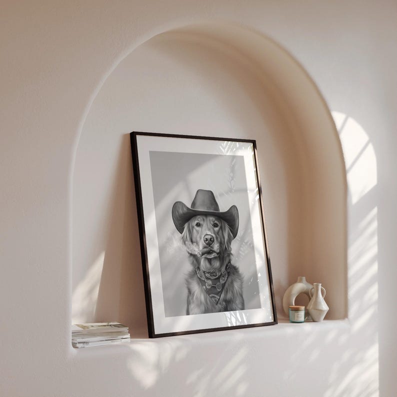 Golden Retriever Cowboy Wall Art, Western Print, Black and White Print
