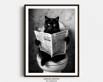 Cat On Toilet Print: Black Cat Reading Newspaper, Funny Cat Poster, Bathroom Decor, Bathroom Wall Art - Black And White Decor