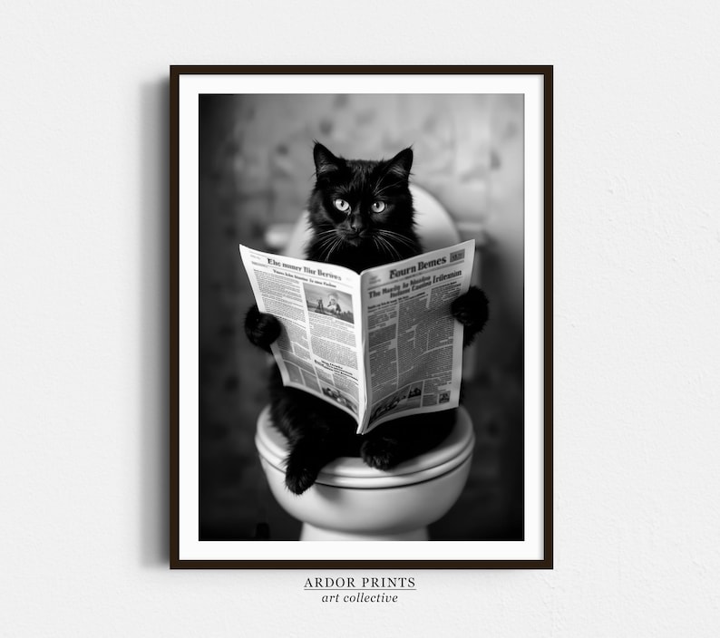 Cat Sitting on Toilet Print, Black Cat Reading Newspaper, Black and