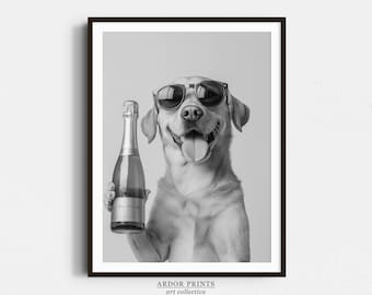 Labrador Drinking Champagne Print: Bar Cart Print, Funny Dog Poster - Trendy Black & White Wall Art