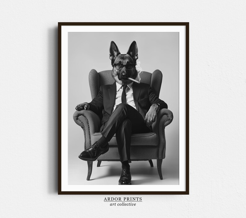 German Shepherd Smoking Wall Art, Black and White Print, German