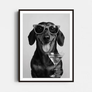 Dachshund And Martini Print, Czarno-biały Print, Koktajlowa Sztuka Ścienna, Zabawny Plakat Z Psem, Prezent Dla Właściciela Psa, Bar Cart Print, Dekoracja Ścienna Z Psem