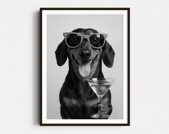 Dachshund And Martini Print, Czarno-biały Print, Koktajlowa Sztuka Ścienna, Zabawny Plakat Z Psem, Prezent Dla Właściciela Psa, Bar Cart Print, Dekoracja Ścienna Z Psem