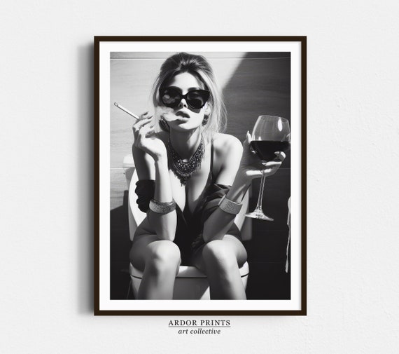 Girl On Toilet Wall Art: Woman Drinking Wine Poster, Funny Bathroom Print - Chic Black & White Decor