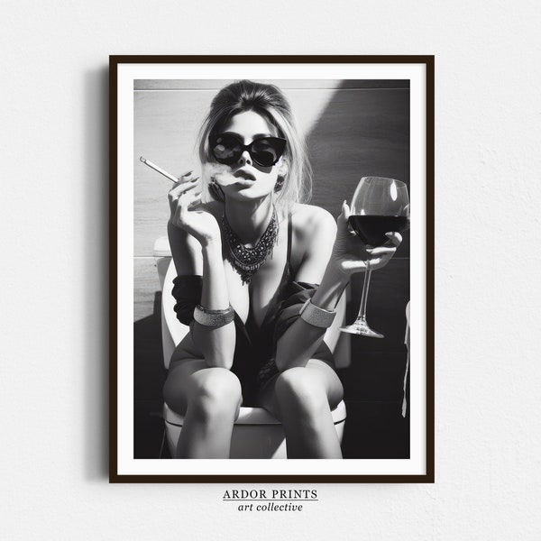 Girl On Toilet Wall Art, Woman On Toilet Smoking and Drinking Wine, Black and White Print, Funny Bathroom Art, Retro Wall Decor