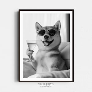 カクテルを飲む柴犬のウォールアート、白黒プリント、柴犬のギフト、マティーニアルコールプリント、面白い犬のポスター、バーカートの装飾