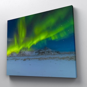 Northern Lights Snowy Mountains Art-for Decorating Lofoten Islands Photographic Gift Wall Art-Aurora Borealis Wall Art-Norway