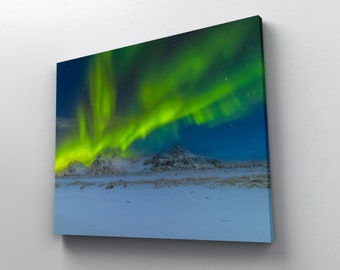 Lofoten Islands Northern Lights Print: Snowy Mountain Aurora Borealis Wall Art