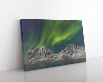Norway Northern Lights  Photography Print: Lofoten Islands Norway Aurora over Mountain Wall Art