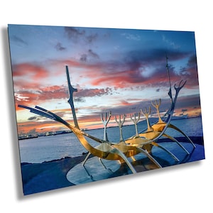 Scultura Reykjavik Iceland Sun Voyager al tramonto / Disponibile senza cornice, con cornice, carta per belle arti, tela, acrilico, metallo, spedizione gratuita