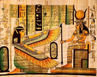 ノフレト女王の珍しいエジプトのパピルス画 - 25年前のヴィンテージ