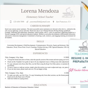 Könnte beinhalten: Eine Lebenslaufvorlage für eine Grundschullehrerin mit dem Namen Lorena Mendoza. Der Lebenslauf enthält Abschnitte für die Zusammenfassung der Karriere, Fähigkeiten und Erfahrungen. Ein Bleistift und ein Lineal befinden sich im Hintergrund. Eine Karte lautet "Tipps zur Vorbereitung auf Vorstellungsgespräche und Lebensläufe für Lehrerjobs".