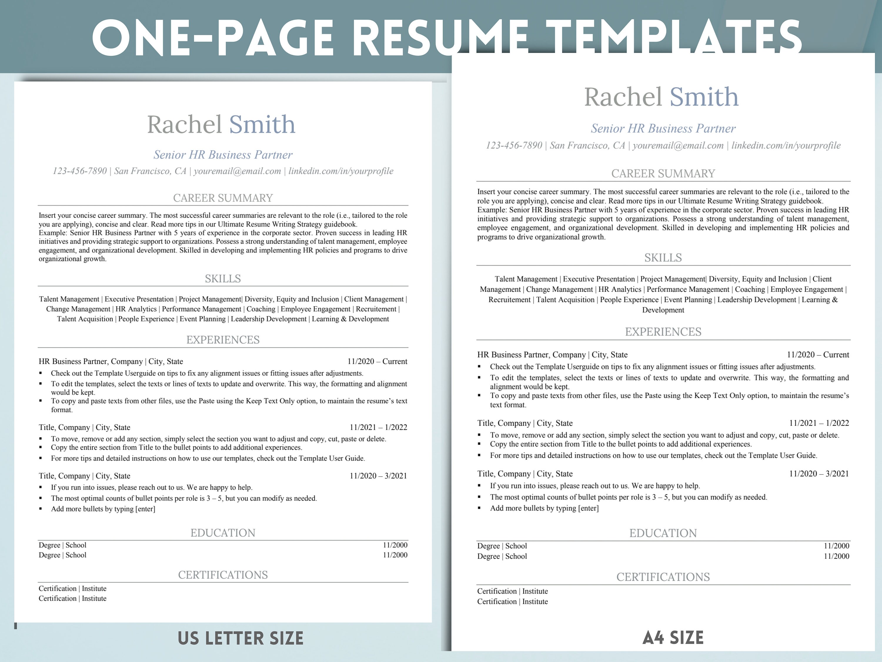 HR Resume ATS Friendly Template Prefilled Editable Skills Cover Letter ...