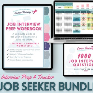 Può includere: Un pacchetto di prodotti digitali per chi cerca lavoro, che include una guida alla preparazione ai colloqui di lavoro, una risorsa di domande per i colloqui di lavoro e un tracker di candidature e colloqui. Il pacchetto è progettato per aiutare i candidati a prepararsi ai colloqui e ottenere offerte di lavoro.