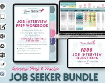 Job Interview Prep & Application Tracker Bundle for Job Hunt Success, Interview Prep Worksheets, Interview Questions, Progress Tracker