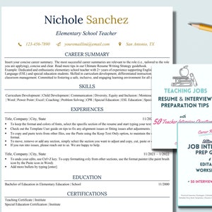 May include: A resume template for elementary school teachers. The template includes sections for career summary, skills, experiences, education, and certifications. The template is designed to help teachers create a professional resume that highlights their skills and experience.