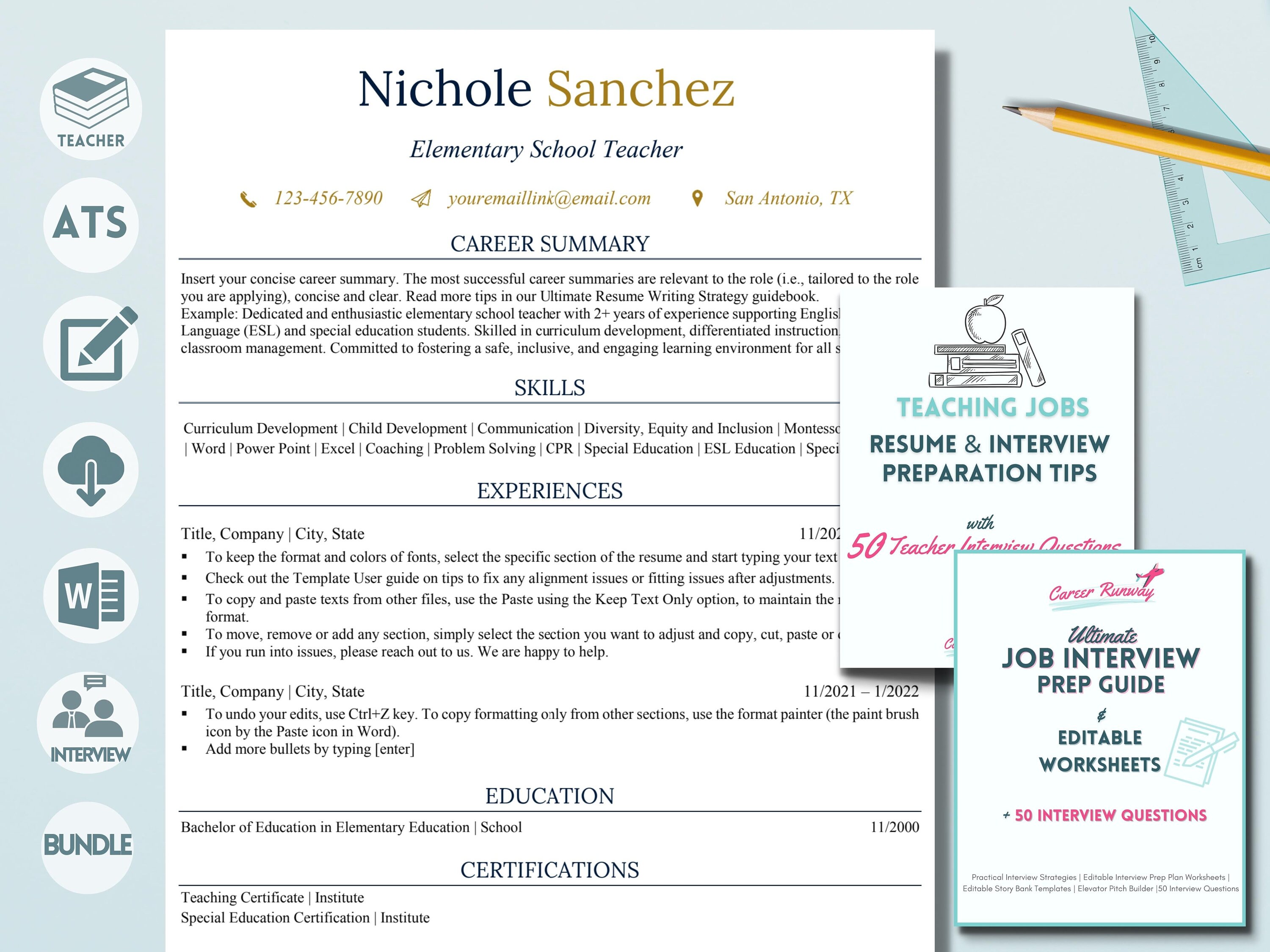 Teacher Resume and Interview Planner Bundle, Professional Editable Resume  Templates for Educator and Teaching Jobs, Interview Prep Workbook, image size:3000x2250