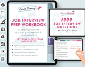 May include: A pink and white digital download for a job interview prep workbook. The workbook includes editable and printable worksheets, a guide to ace your job interview, and a STAR interview story bank. The cover features a pink airplane graphic and the text "Career Runway".