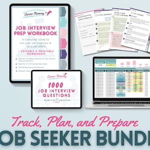 Puede incluir: Un paquete de marketing digital para buscadores de empleo, que incluye una computadora portátil, una tableta y varias hojas de cálculo imprimibles. El paquete incluye una guía de preparación para entrevistas de trabajo, 1000 preguntas de entrevistas de trabajo y plantillas para presentaciones de ascensor y respuestas al método STAR.