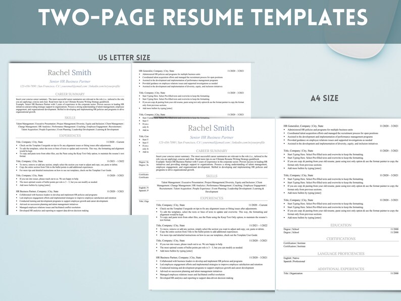 HR Resume ATS Friendly Template Prefilled Editable Skills Cover Letter ...