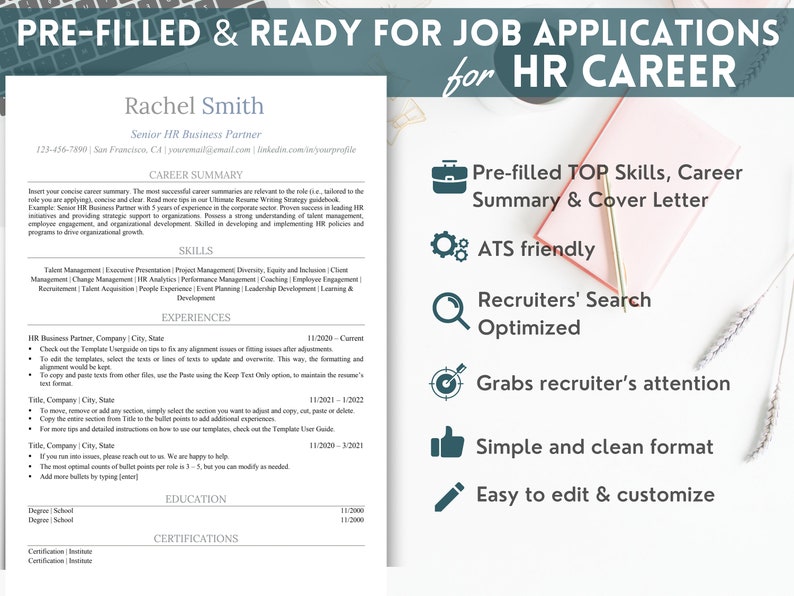HR Resume ATS Friendly Template Prefilled Editable Skills Cover Letter ...