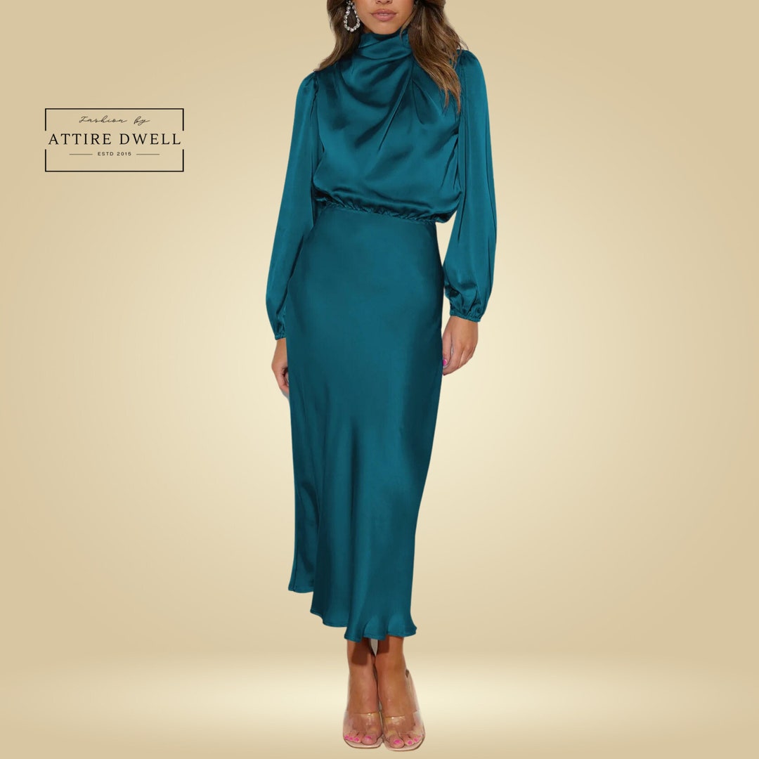 Elegant Satin Long Sleeves Party Dress. Wedding Guest Dress, Party