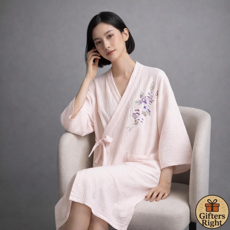 Hemp Robe Embroidered Cotton Spa Robe for Women, Soft Lounge Kimono, Boho Floral ...