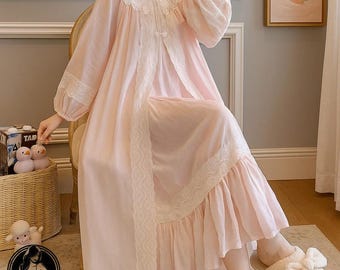 pink lace nightgown, vintage cottagecore sleepwear, coqutte loungewear set, soft girl nightdress, romantic lace robe, fairytale pajama dress
