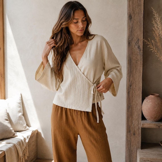 Cotton Muslin Gauze Wrap Blouse, Women's Casual Top, Lightweight Boho Shirt, Elegant Tie Front Blouse, Summer Fashion, Beach Cover Up