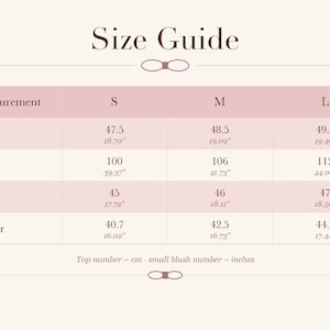 May include: A size guide chart with the title Size Guide, featuring columns for sizes S, M, and L. Rows list measurements for length, bust, sleeve, and shoulder in both centimeters and inches, with a note stating top number is cm and small blush number is inches.