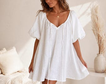 Cotton Maxi Mini Dress, White Puff Sleeve Dress, Boho Summer Dress, Flowy Beach Dress, Minimalist Vacation Outfit, Bridal Shower Dress