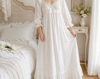 Camicia da notte vittoriana in pizzo di cotone, abito da notte romantico in pizzo, abbigliamento da casa vintage bianco, pigiama da sposa femminile, abito da pigiama in stile cottagecore