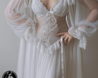 coquette lace bridal peignoir set, sheer vintage nightgown robe, French chiffon lingerie, Victorian fairycore bride outfit,honeymoon romance