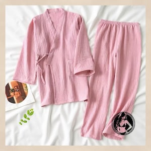 Pajama Set Kimono Robe And Pants Cotton Sleepwear For Women Muslin Pajama Set Comfy Kimono Robe Organic Clothing Maternity Loungewear Set