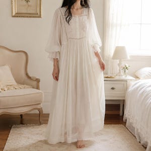 cotton night dress for women long sleeve Women Cotton Victorian Nightgown Pockets, Long Sleeve Poet Nightshirt Ruffled Vintage Night Dress Gown, White Floral on Gray / XL