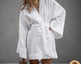 summer cotton linen kimono dress for women, lightweight green wrap dress, spa loungewear robe, minimalist boho cover-up, beach resort outfit