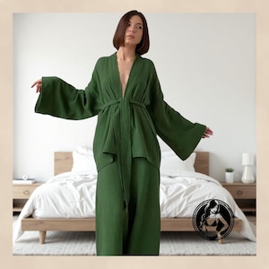 Muslin Pajama Set Kimono Robe And Pants Cotton Lounge Wear For Women Muslin Pajama Set Long Kimono Robe Muslin Organic Clothing Lounge Set