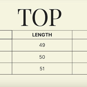 May include: A chart with the word "TOP" at the top. The chart shows size, length, and bust measurements. The length measurements are 49, 50, and 51 cm. The bust measurements are 70, 74, and 78 cm.