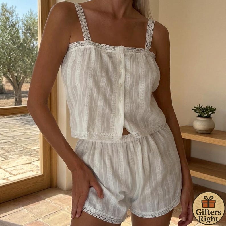 Organic cotton pointelle pajama set, soft women's loungewear shirt, breathable button-up sleepwear, cozy lightweight night set image 3