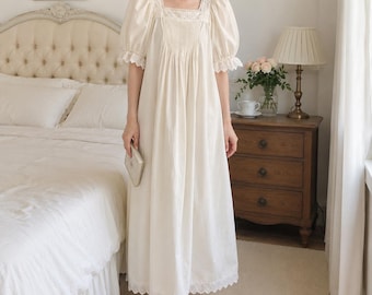 Viktorianisches Baumwoll Nachthemd, Vintage Langes Schlaf Kleid, Französisch Besticktes Nachthemd, Romantische CottageCore Loungewear, Braut Nachtwäsche