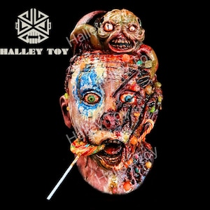Nnasty gory syrup rotten zombie clown scary halloween latex mask, horror candy clown, hyper realistic lollipop clown monster in brain mask