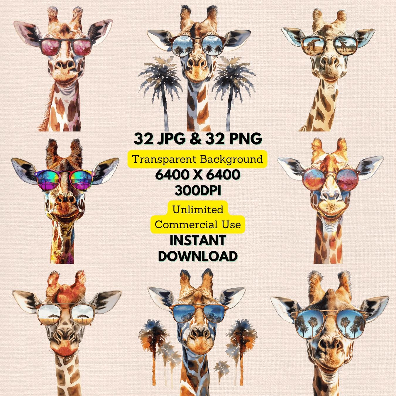 Watercolor Giraffe with Mirror Sunglasses Clipart PNG Bundle Digital Download Invitation Card Junk Journal Nursery Wall Art Decor Commercial