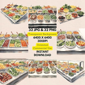 Salad Bar Watercolor Clipart PNG JPG Bundle Natychmiastowe pobieranie cyfrowe, nieograniczone wykorzystanie komercyjne, tworzenie zaproszenia urodzinowego, rzemiosło papierowe