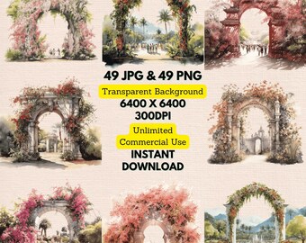 公園や庭園の花のアーチの水彩画クリップアートPNG、バンドル、商用利用可、結婚式の招待状、スクラップブッキング、ペーパークラフト