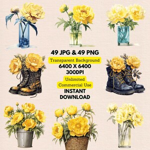Yellow Peonies in Vase Boots Basket Bucket Watercolor Clipart PNG JPG Bundle Instant Digital Download, Unlimited Use, Invitation Paper Craft