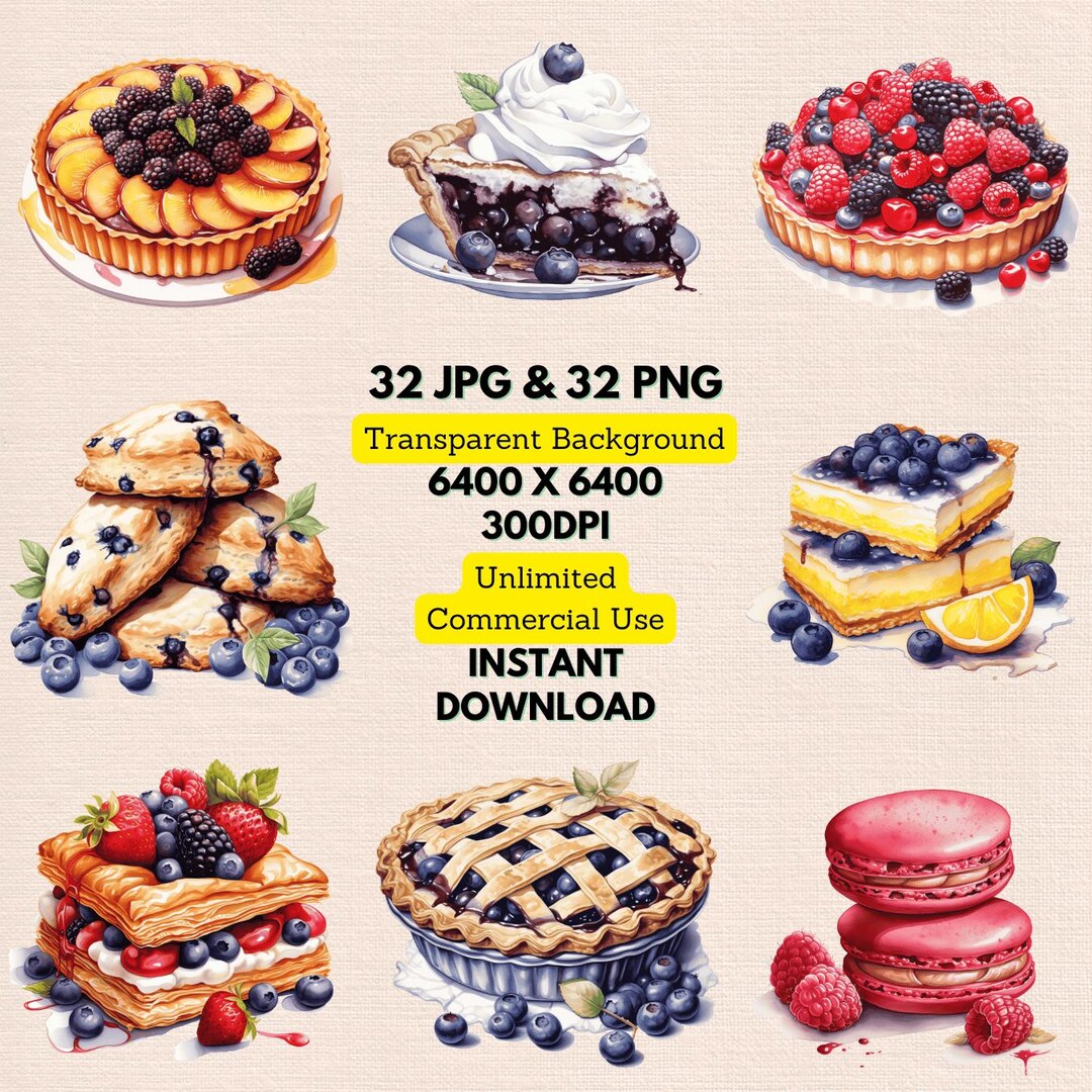 Berries Pastries Dessert Watercolor Clipart PNG JPG Bundle Instant ...
