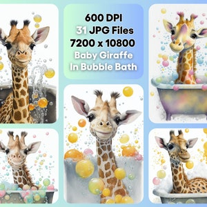 Baby Giraffe Bubble Bath Watercolor Clipart Bundle, Cute Animal JPG, Natychmiastowe pobieranie cyfrowe, Nieograniczone wykorzystanie komercyjne, Zaproszenie urodzinowe